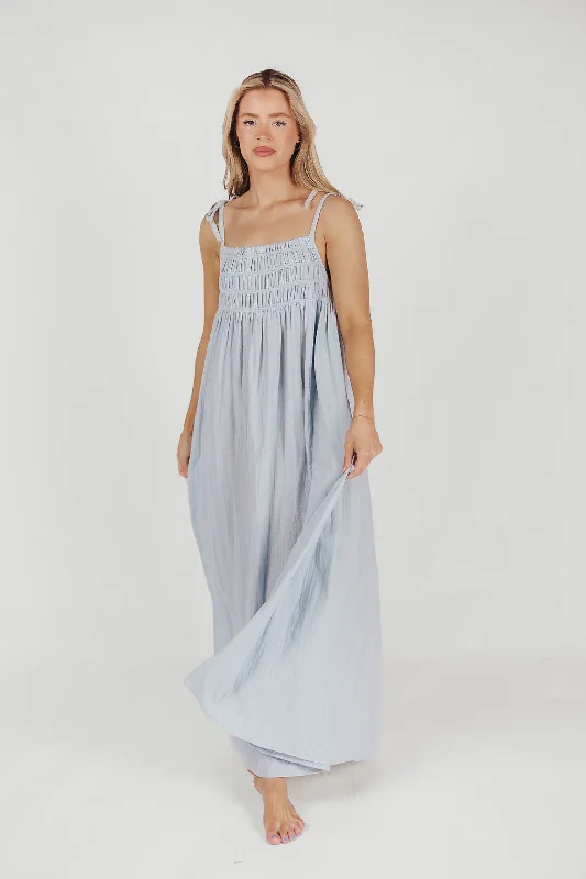 100% Cotton Almeria Smocked Maxi Dress with Self-Tie Straps in Light Blue - Bump Friendly