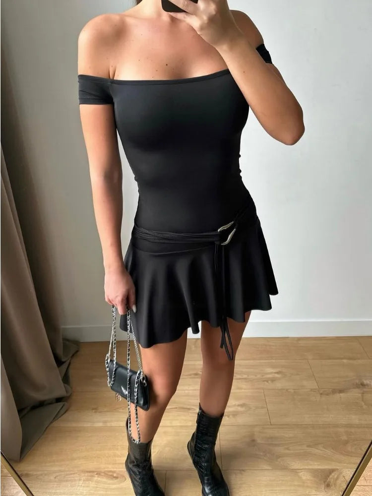 Sexy Off Shoulder Sleeveless Strapless Flounced Edge Slim Club Party Mini Dress