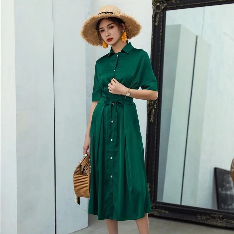 Side Slit Chiffon ButtonUp Short Sleeve High Waist Sexy Maxi Dress