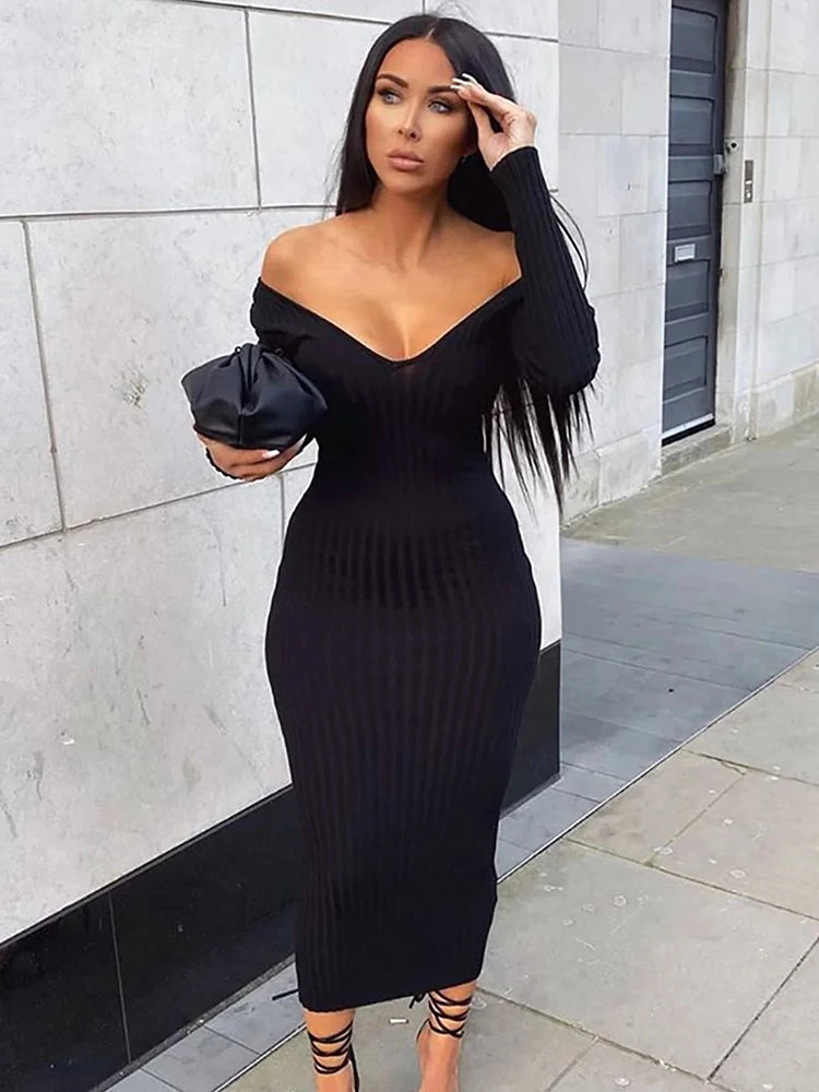 Spring Knitted Dress Women V-Neck Long Sleeve Bodycon Sweater Maxi Dress