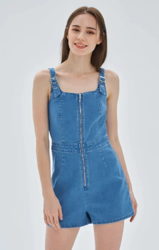 Strap Zip-Up Denim Romper