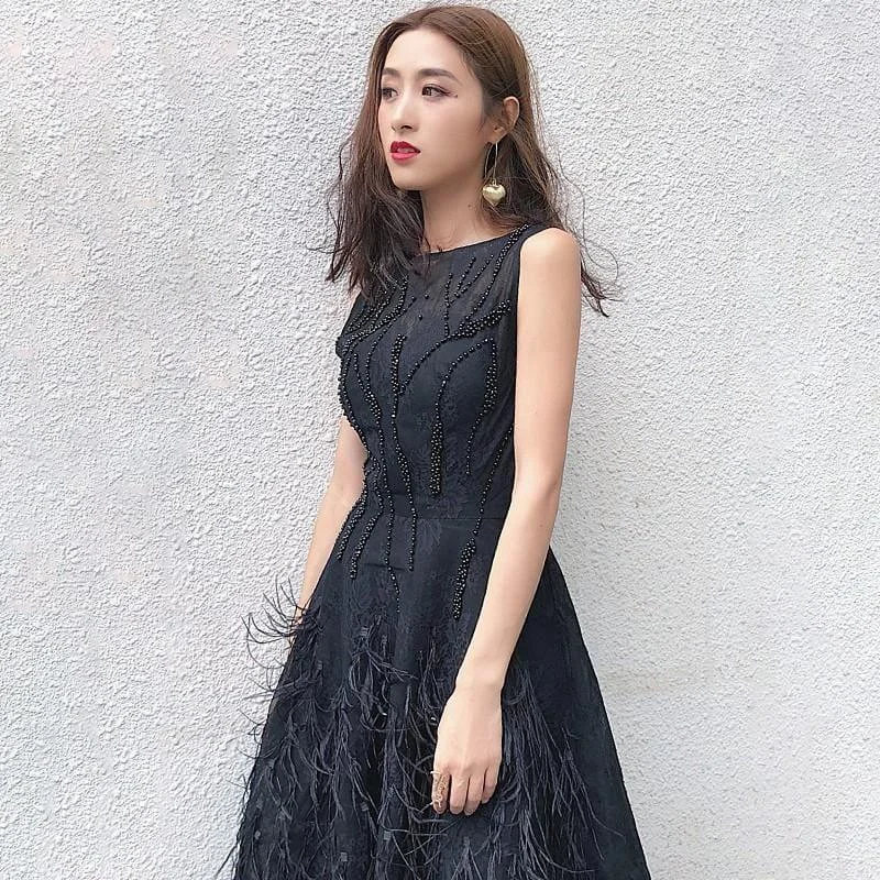 Summer 2019 Round Neck Sleeveless Embroidery Beading Feather Elegant Fashion  Midi Dress