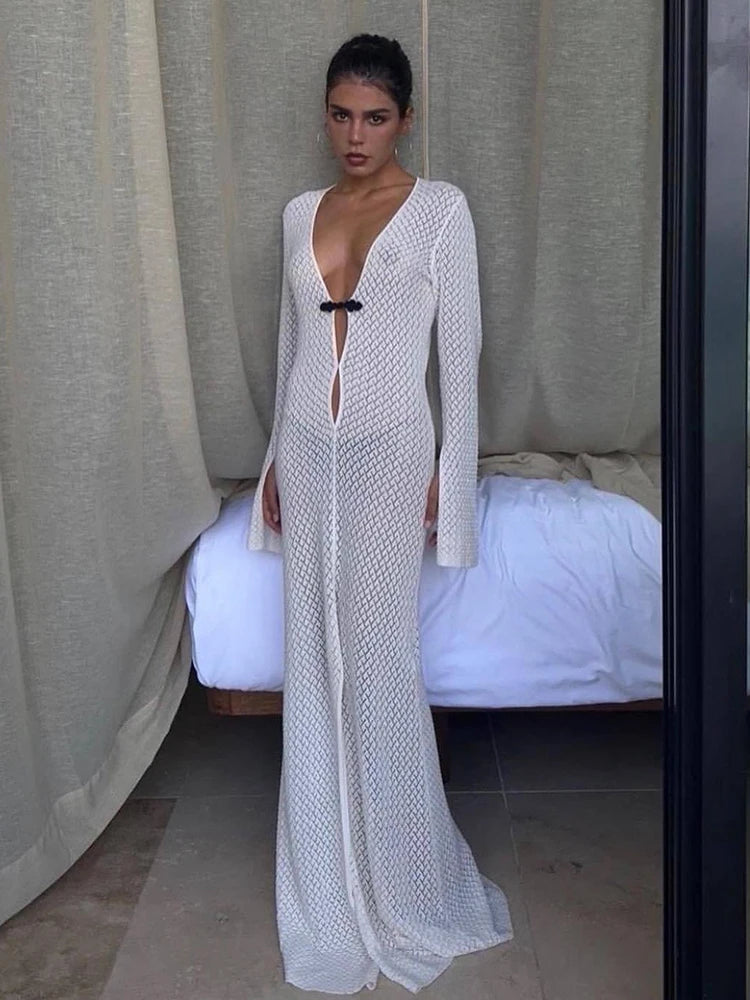 Summer Beach Long Dress Women Hollow Out Sexy White V-Neck Split Maxi Dress