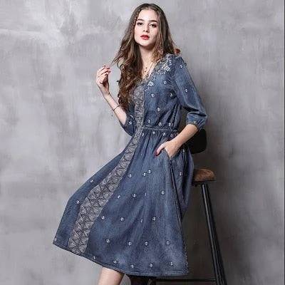 V-Neck A-Line Vintage Embroidery Denim Dress