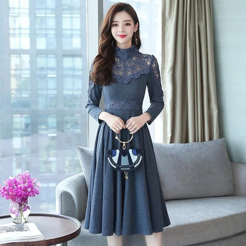 Vintage Lace Elegant Bodycon Long Sleeve Runway Midi Dress