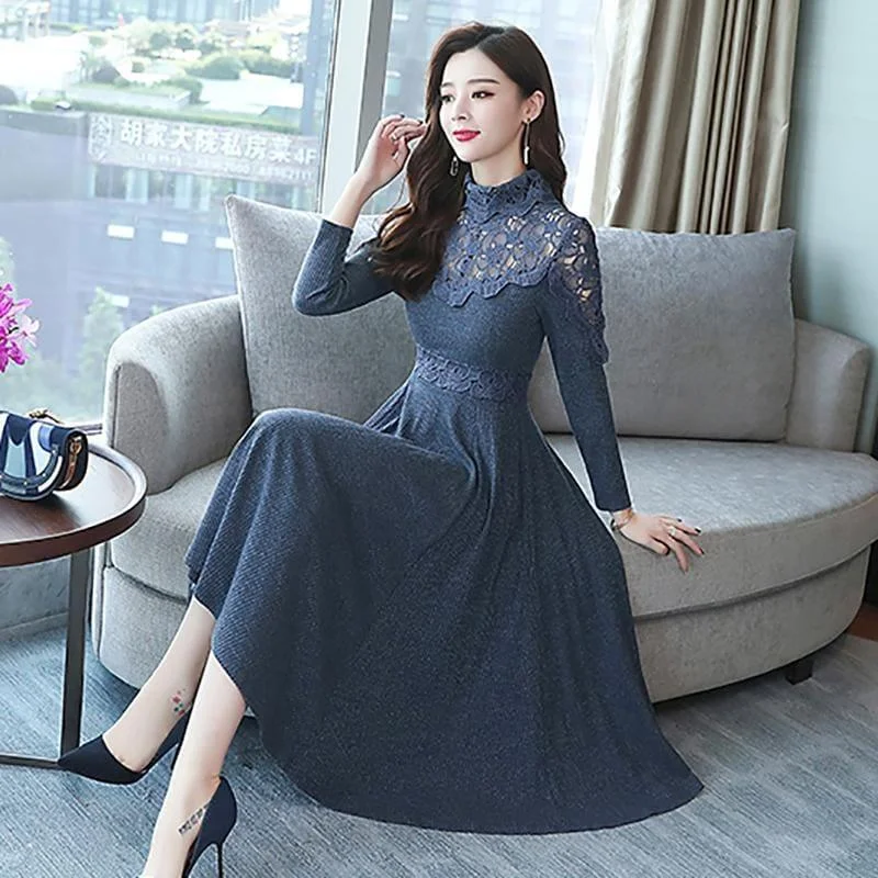 Vintage Lace Elegant Bodycon Long Sleeve Runway Midi Dress