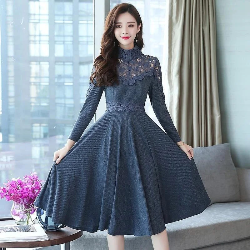 Vintage Lace Elegant Bodycon Long Sleeve Runway Midi Dress