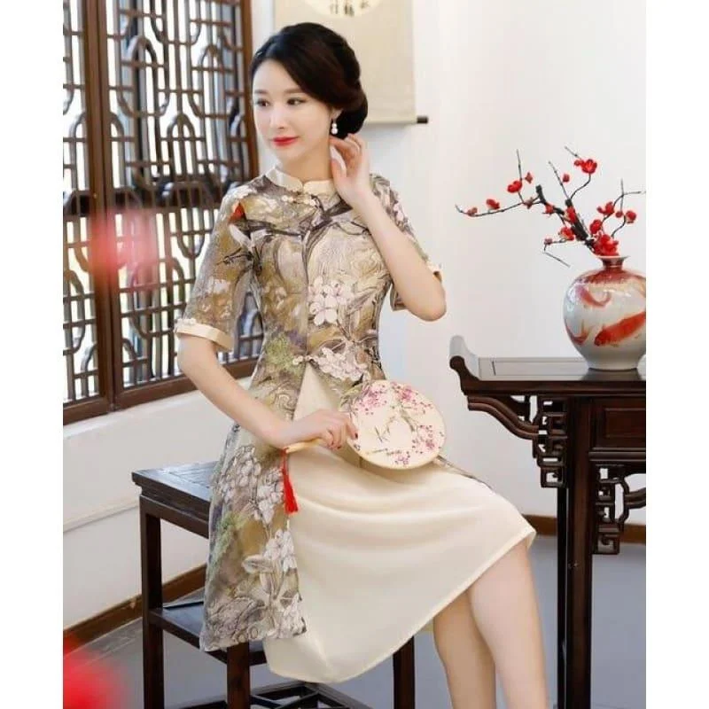 Vintage Rayon Traditional Simple  Lady Floral Qipao Summer Sexy Short Cheongsam Midi Dress