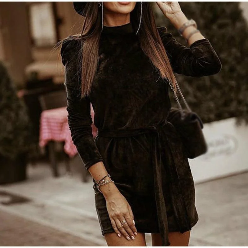 Vintage Retro Turtleneck Sashes Streetwear Velvet Mini Dress