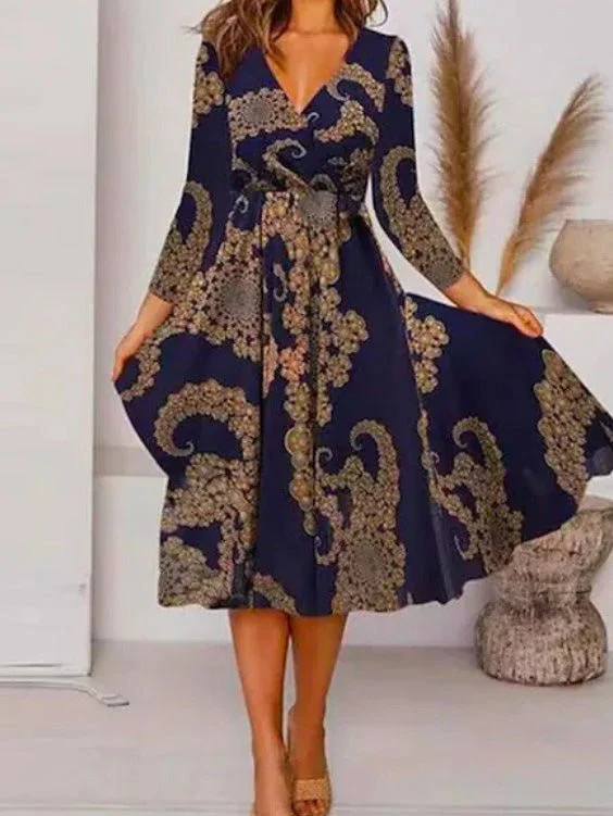 Women's Dresses Casual V-Neck Long Sleeve Print Dress