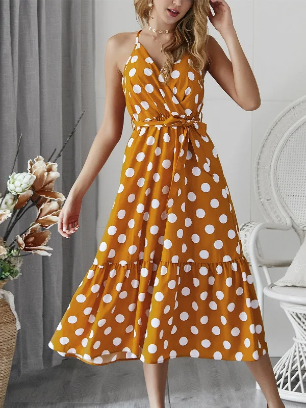 Polka Dot Tie Sleeveless Midi Dress