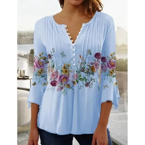 Women's Floral Printed V-neck Short Sleeve Button T-shirt