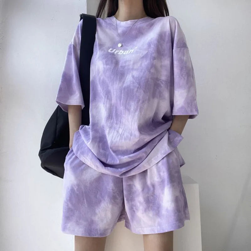 T-Shirt Shorts Set Tie Dye Loose tshirt and wide leg middle shorts summer