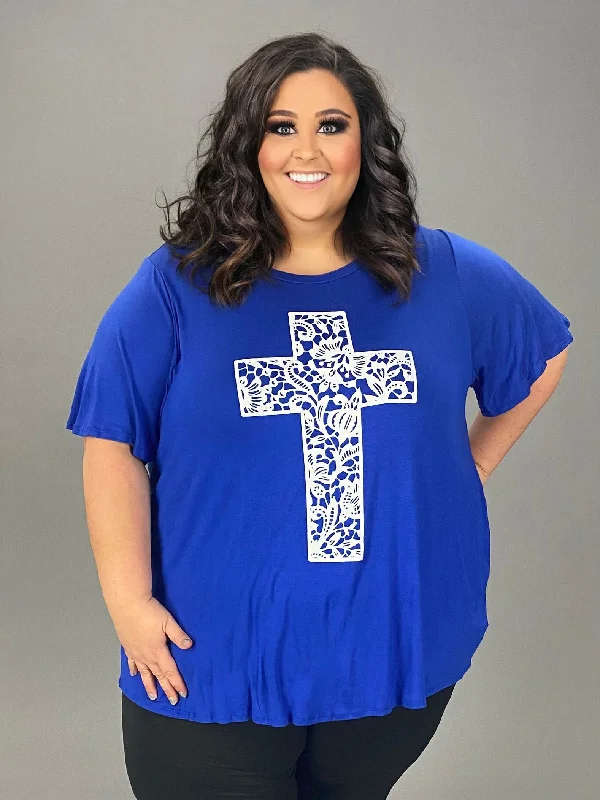 SALE!! 98 GT-C {In The Cross Is Life} Royal Blue Tunic w/Ivory Cross CURVY BRAND!!!  XL 2X 3X 4X 5X 6X (May Size Down 1 Size)