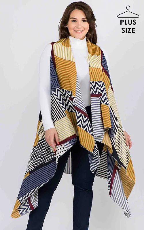 VP92B8P Plus Size Stripe Geometric Long Scarf Vest