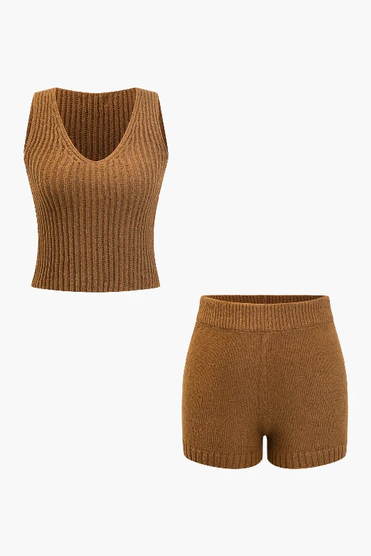 Basic Solid Knit Tank Top And Shorts Set