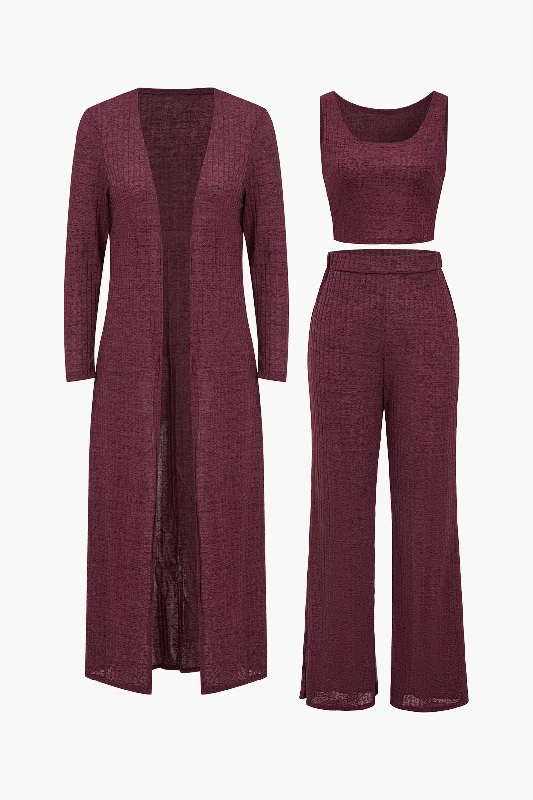 Basic Solid Ribbed Knit Tank Top And Pants And Long Sleeve Cardigan Set