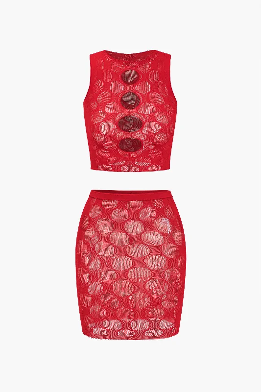 Cut Out Mesh Tank Top And Skirt Set