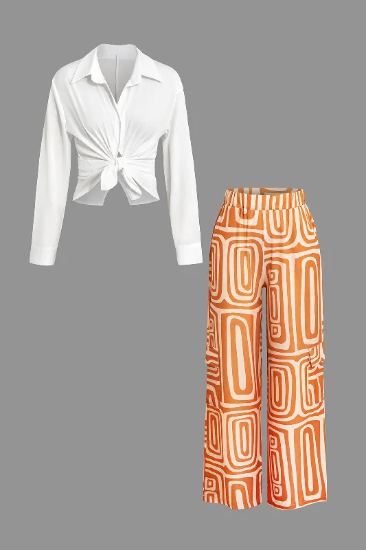 Solid Knot Shirt And Artistic Print Pants Set