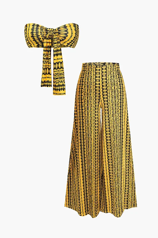 Abstract Print Knot Tube Top And Wide Leg Trouser Set