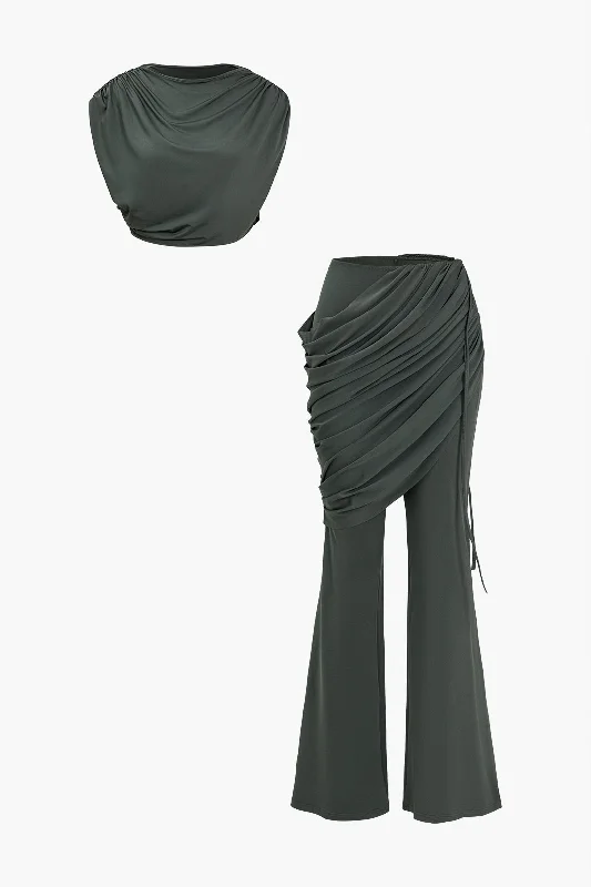 Solid Top And Asymmetrical Drawstring Flared Trouser Set