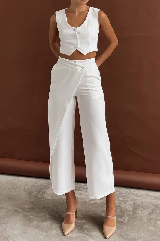 Solid Button Up Crop Vest And Asymmetrical Trouser Set