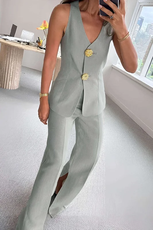 Solid Sleeveless Suit Vest And Pants Set