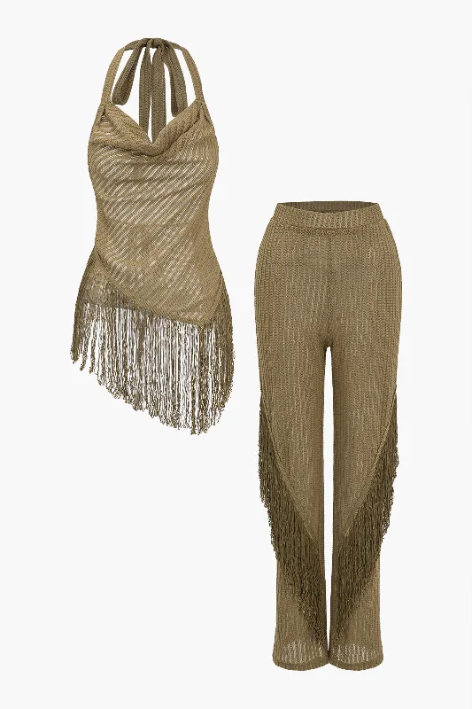 Solid Fringe Backless Asymmetrical Trouser Set