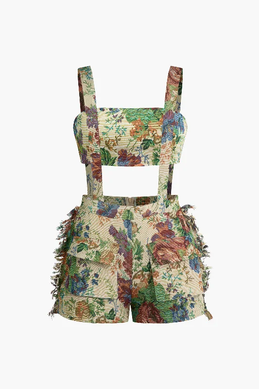 Floral Pattern Fringe Tube Top And Pocket Shorts Set