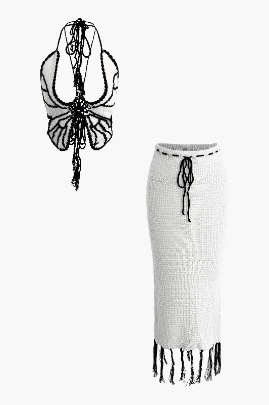 Butterfly Tie Halter Tank Top And Tassel Midi Skirt Set