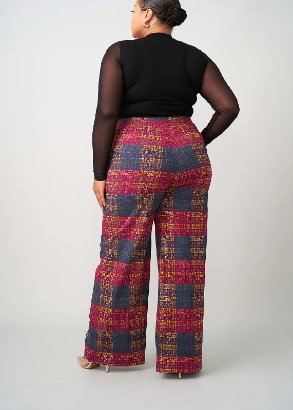 Thema Women's African Print Stretch Wide Leg Pants (Harvest Plaid Adire)