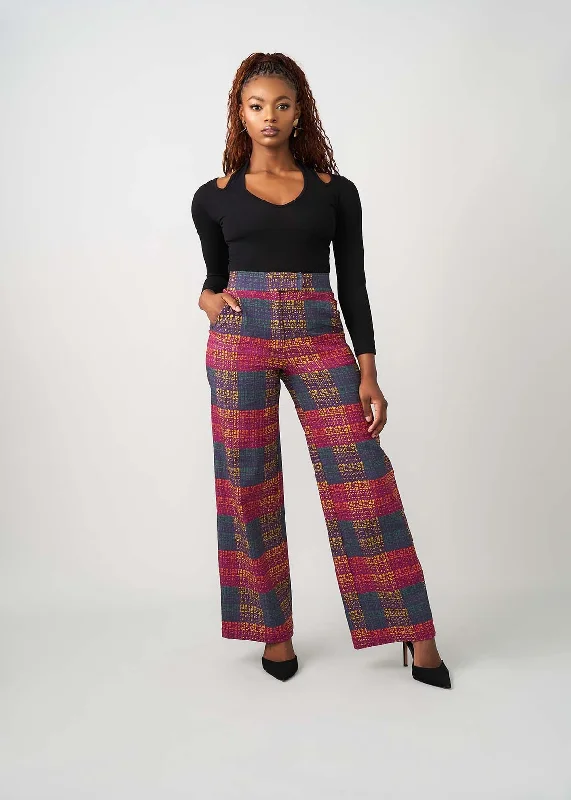 Thema Women's African Print Stretch Wide Leg Pants (Harvest Plaid Adire)